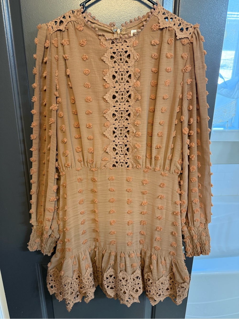 Just Me Boho Crochet Lace Swiss Dot Mini Dress – Medium
